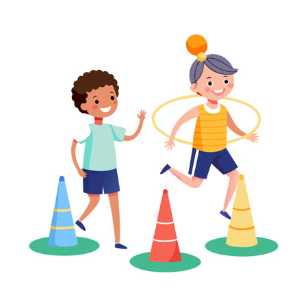 Children exercising with cones and hoop for physical education activity in flat vector styleのイラスト素材