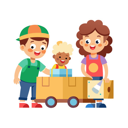 Children Playing Together with a Cardboard Box Car, Smiling and Having Funのイラスト素材