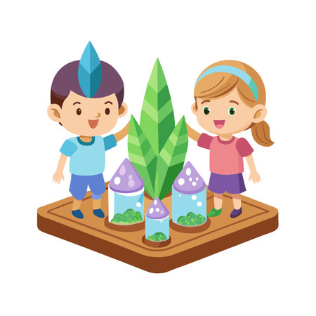 Two Children with Green Plants and Terrariums on a Wooden Platform Illustrationのイラスト素材