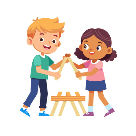 Two happy cartoon children playing a xylophone music instrument together in a bright settingのイラスト素材