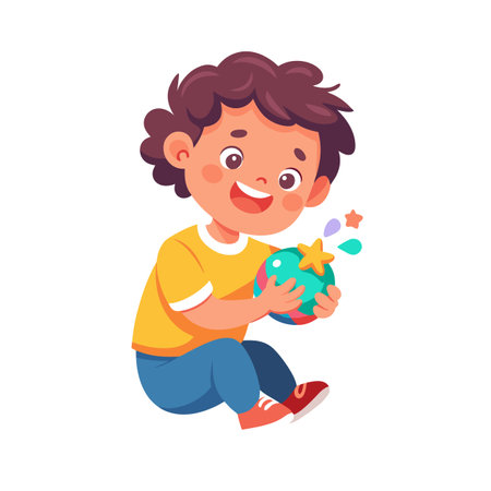 Happy Child Playing with a Colorful Ball - Vector Illustration for Kids Contentのイラスト素材