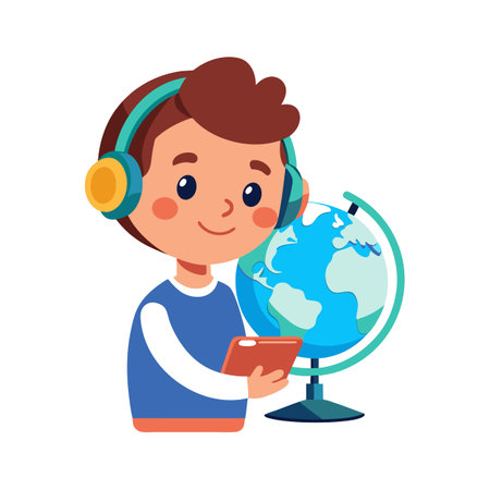 Boy with Headphones and Tablet Studying Globe, Exploring Geography and Technology for Learningのイラスト素材