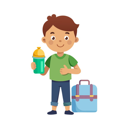 Happy young student with a suitcase and water bottle ready to go to schoolのイラスト素材