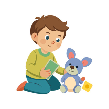 Boy with stuffed animal, book, and yellow block on white backgroundのイラスト素材