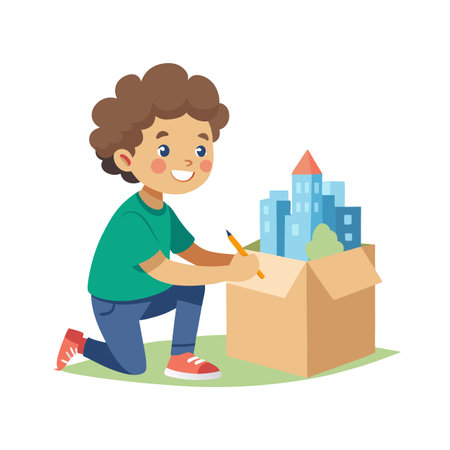 Boy with cardboard city model: Imagination, play, education, childhood creativity and architectural designのイラスト素材