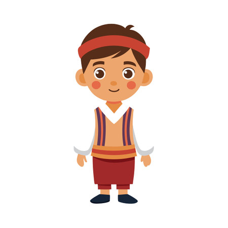 Cute cartoon boy character illustration in traditional tribal clothing with warm color paletteのイラスト素材
