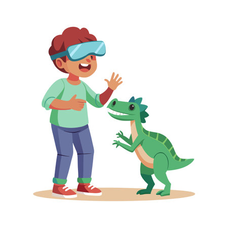 A boy with VR headset interacts with cartoon dinosaur in a playful virtual reality experienceのイラスト素材