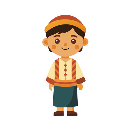 Cartoon illustration of a young boy in traditional Asian clothing against a white backgroundのイラスト素材