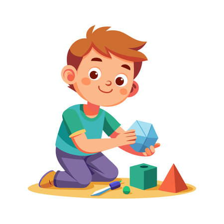 Young boy playing with geometric shapes, educational learning and child development concept. Bright and clean illustration.のイラスト素材