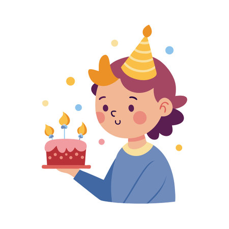 Illustration of a girl holding a birthday cake with candles and wearing a party hat