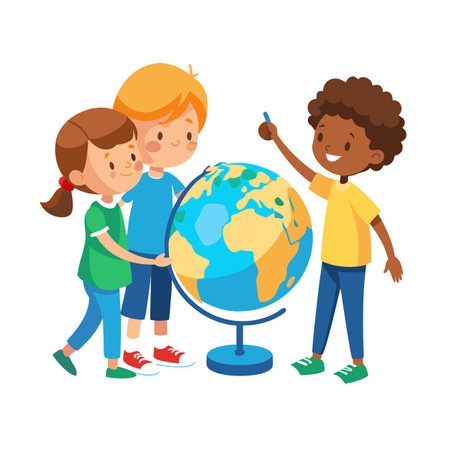 Three diverse children studying a world globe, learning geography and world cultures togetherのイラスト素材