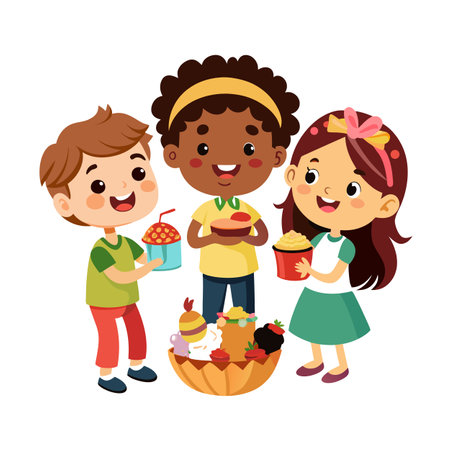 Children Sharing Desserts: Cartoon Kids with Ice Cream and Sweets Illustrationのイラスト素材