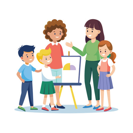 Teachers explain a chart to elementary school children in a flat illustrationのイラスト素材