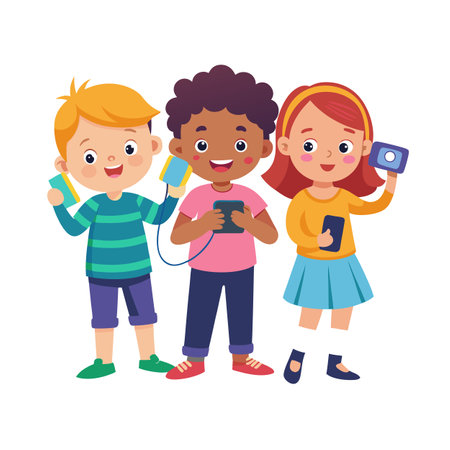 Happy diverse children connecting with technology, illustrated in a vibrant cartoon style on white backdropのイラスト素材