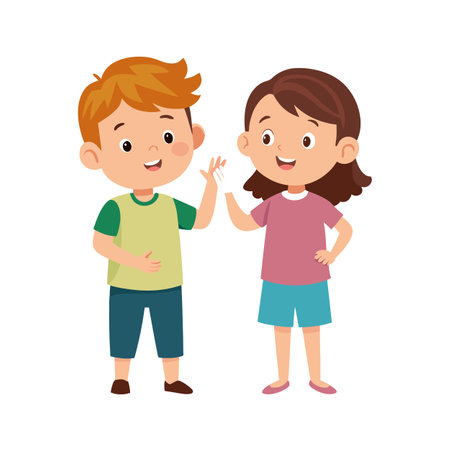 Cheerful cartoon children greeting each other with friendly wave on a white backgroundのイラスト素材