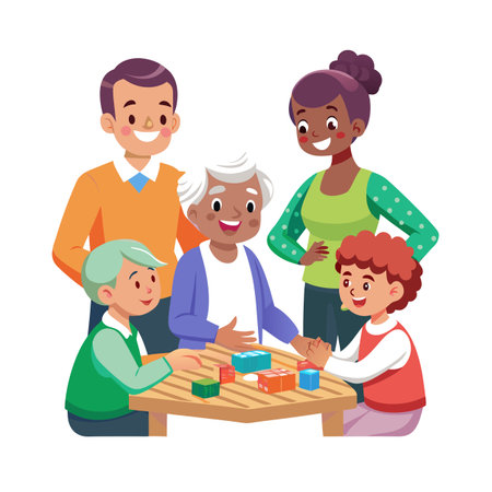 Multi-generational family playing board game together around a table in flat vector illustrationのイラスト素材
