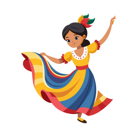 Cartoon woman in a colorful dress dancing folk dance on a white backgroundのイラスト素材