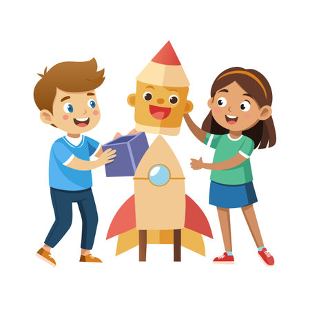 Children building a cartoon rocket together as a fun educational science projectのイラスト素材