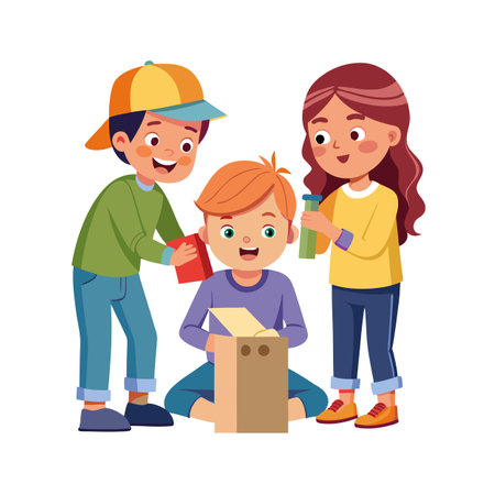 Three cheerful children gather to explore a cardboard box with colorful objectsのイラスト素材