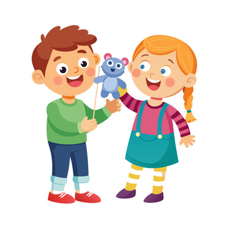 Two smiling children playing with a teddy bear puppet on a white backgroundのイラスト素材