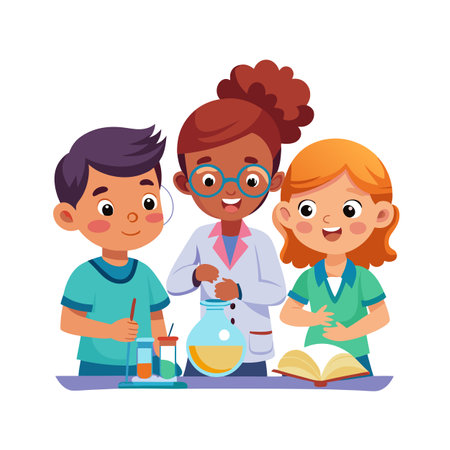 Excited children learning science and conducting experiments, illustrated in bright and cheerful colorsのイラスト素材