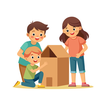 Children Building a Cardboard House Together, Vector Illustration on White Backgroundのイラスト素材