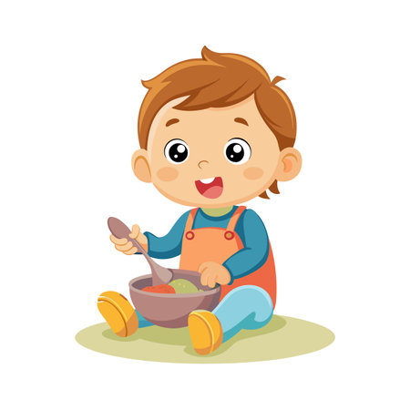 Happy baby sitting with bowl and spoon, illustration, mealtime concept, isolatedのイラスト素材