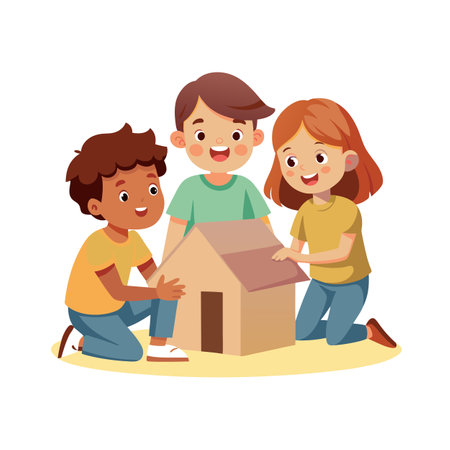 Three cheerful children building a cardboard house together, promoting teamwork and creativityのイラスト素材