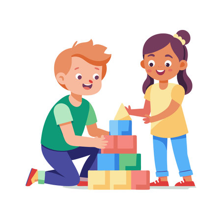 Children building a tower with colorful blocks, learning through play in a flat vector style illustrationのイラスト素材
