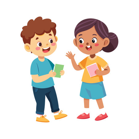 Two smiling cartoon children with books, illustrating friendship and early learning in vector styleのイラスト素材