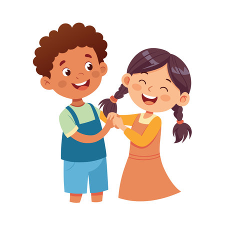 Two Smiling Children Interacting and Playing with Hair in a Cartoon Style Illustrationのイラスト素材