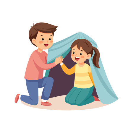 Father and daughter giving high five while playing in homemade tent, vector illustrationのイラスト素材