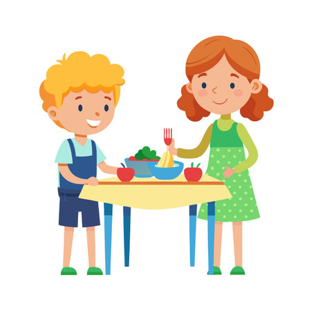 Cartoon illustration of children having lunch with apples, salads and vegetables on a tableのイラスト素材