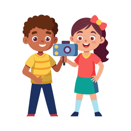 Children with camera illustration, diverse kids smiling, vector art style, flat design, isolatedのイラスト素材