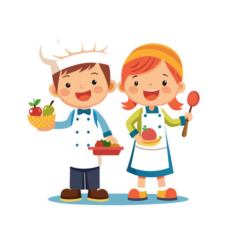 Happy children dressed as chefs holding fresh fruits and vegetables on a white backgroundのイラスト素材