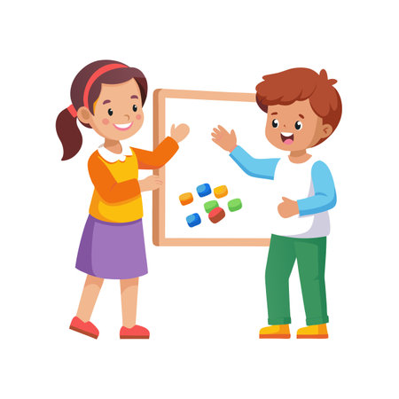 Two young students presenting colorful blocks on a whiteboard with cheerful expressionsのイラスト素材