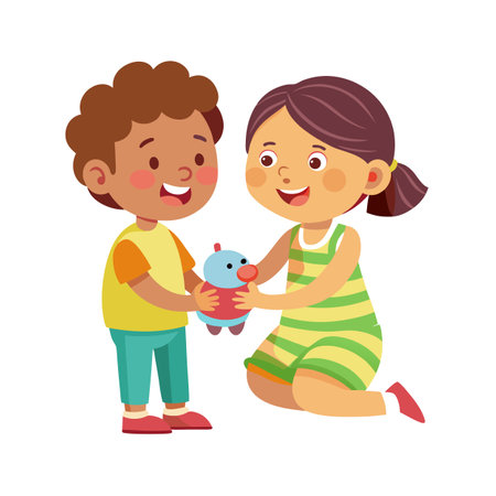 Two Cartoon Children Playing Together with a Stuffed Animal, Smiling on White Backgroundのイラスト素材