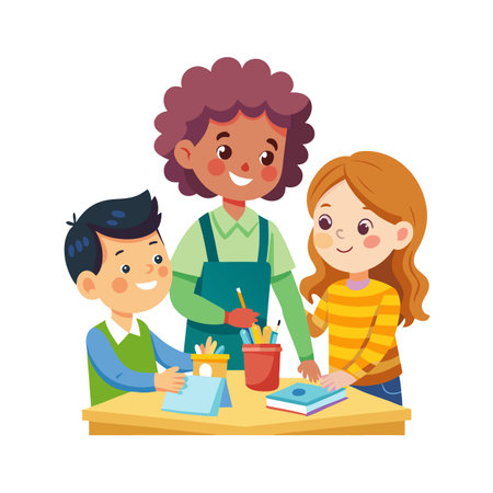 Children learning and drawing at a table with teacher supervision in vector artのイラスト素材