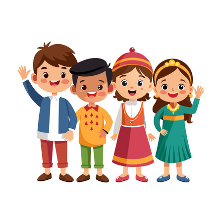 Diverse group of children in cultural attire waving cheerfully on a white backgroundのイラスト素材