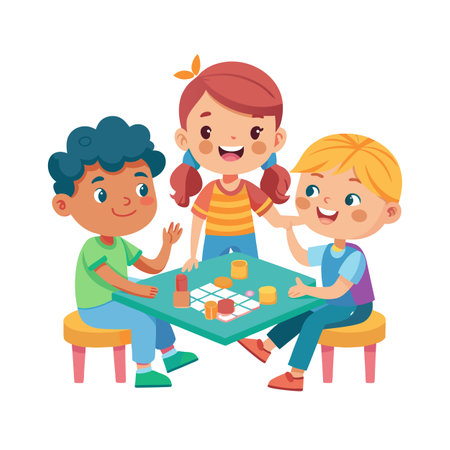 Children Playing Board Game Together at Table, Friendship and Fun Conceptのイラスト素材