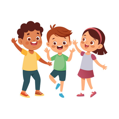 Group of smiling children waving hello, isolated on white background, cartoon styleのイラスト素材
