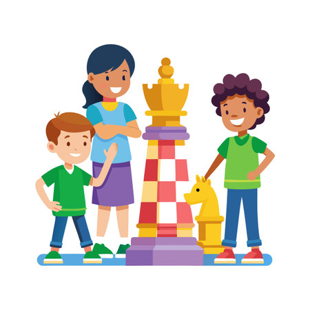 Children playing with oversized chess pieces, learning strategy, and teamwork in a colorful graphic illustrationのイラスト素材