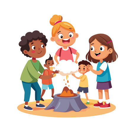 Group of diverse children performing a volcano science experiment with simulated eruptionのイラスト素材