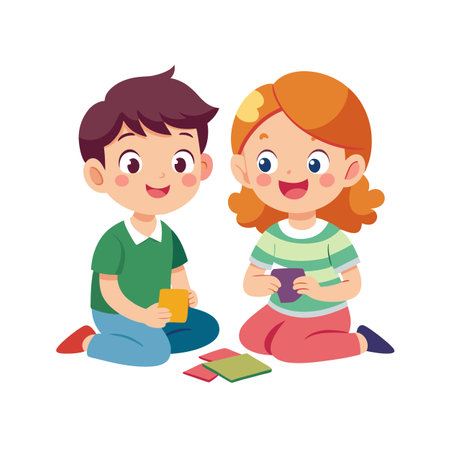 Two Smiling Children Play with Cards on the Floor in a Flat Design Illustrationのイラスト素材
