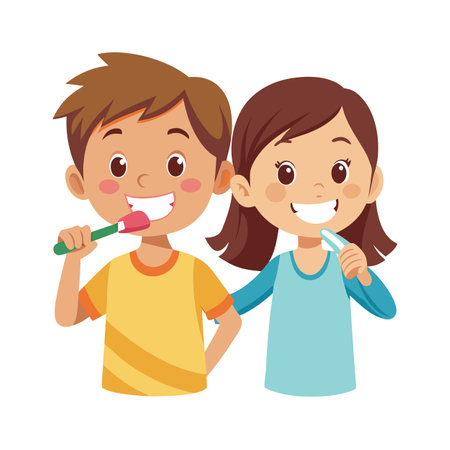 Happy children brushing their teeth together, promoting good dental hygiene habits and a healthy lifestyleのイラスト素材