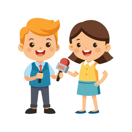 Illustration of young reporters conducting interview with microphone on white backdropのイラスト素材