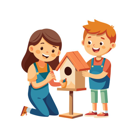 Young children building a birdhouse together, illustrating teamwork, learning, and family time in a colorful vector styleのイラスト素材