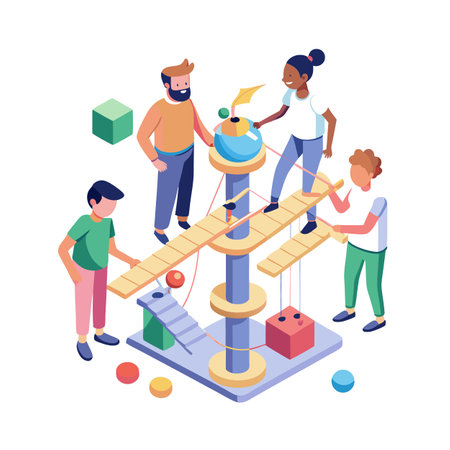 Isometric illustration of diverse people interacting on a complex structure, representing teamwork and collaborationのイラスト素材