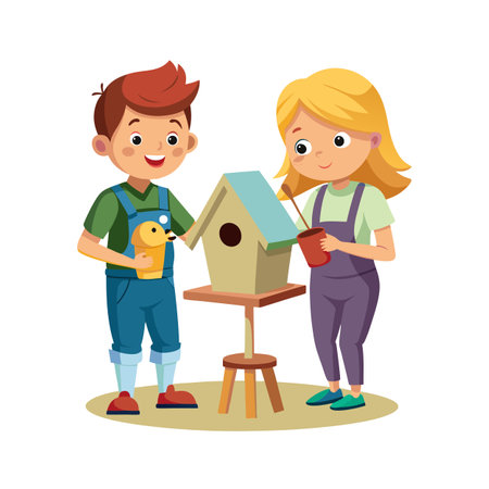 Two cartoon children building a birdhouse together in a bright, vector illustration styleのイラスト素材