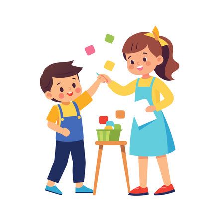 Boy and Girl Playing with Colorful Blocks Flat Vector Illustration on White Backgroundのイラスト素材
